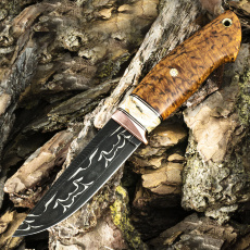 Подарочный нож ЛАДЬЯ, авторский мозаичный дамаск, карельская берёза, янтарный цвет