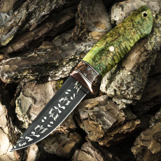 Подарочный нож ЛАДЬЯ, авторский мозаичный дамаск, карельская берёза, зелёный цвет