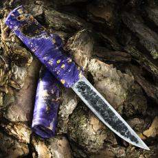 Нож ЯКУТ БОЛЬШОЙ, дамасская сталь, карельская берёза, фиолетовый цвет